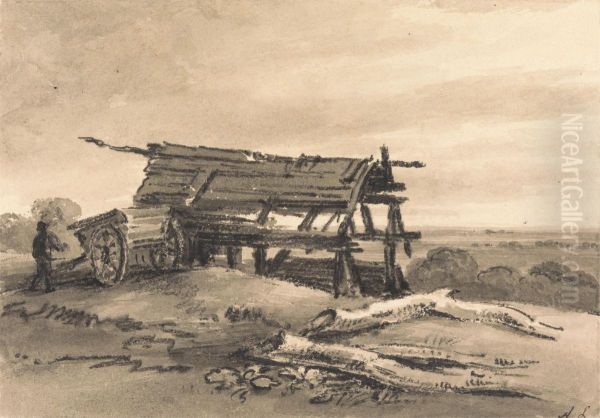 with farm-worker, cart and ruined barn - view 1