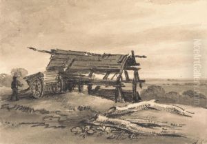 with farm-worker, cart and ruined barn by Amelia Long