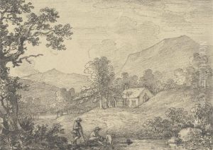 Two Figures by the Side of a Pond and a Church in a Hilly Landscape by Sir George Beaumont, 7th Baronet