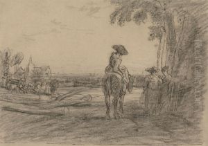 Woman on a Horse with Two Standing Women Overlooking a Landscape