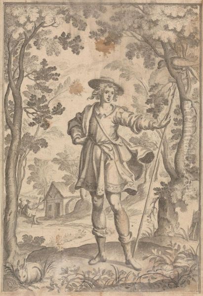 A Hunter Holding a Spear in a Woodland Setting - view 1