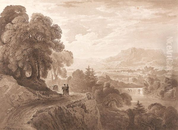 Travelers on a Road above a River - view 1