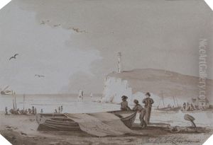 Coastal scene with Figures, Boats, Lighthouse, etc. Coastal scene with Figures, Boats, Lighthouse, etc.