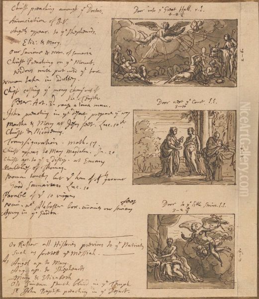 a sheet of notes for a proposed decorative scheme with 3 sketches of paintings for overdoors - view 1