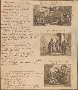 a sheet of notes for a proposed decorative scheme with 3 sketches of paintings for overdoors by James Thornhill