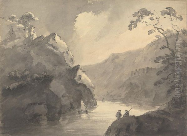 Mountainous landscape with winding river and castle - view 1