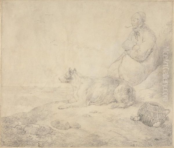 Fisherman and Dog Sitting by the Coast - view 1