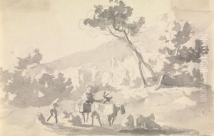 Landscape with Cattle and Figures in Foreground by Sawrey Gilpin