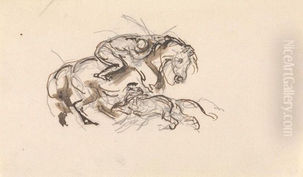 Horse and Rider being Attacked by a Lion - view 1
