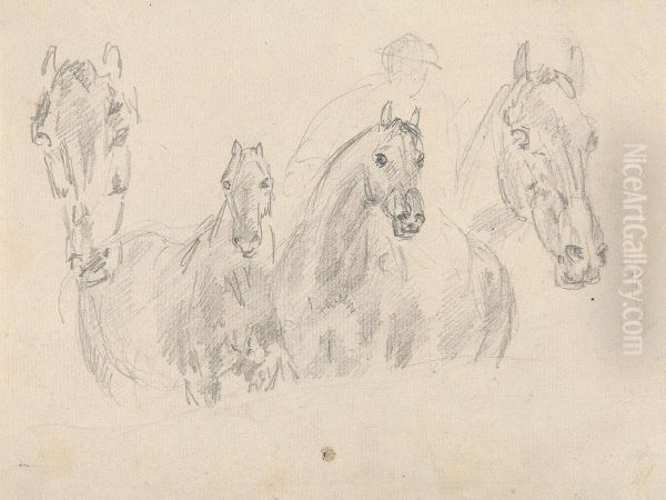 Four horses, figure faintly sketched in background - view 1