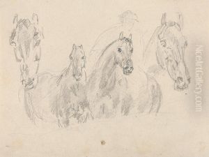 Four horses, figure faintly sketched in background Four horses, figure faintly sketched in background