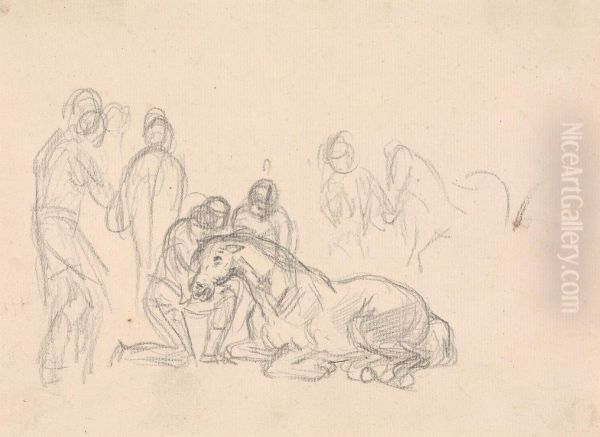 Two figures kneeling beside a horse... - view 1