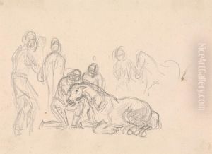Two figures kneeling beside a horse...