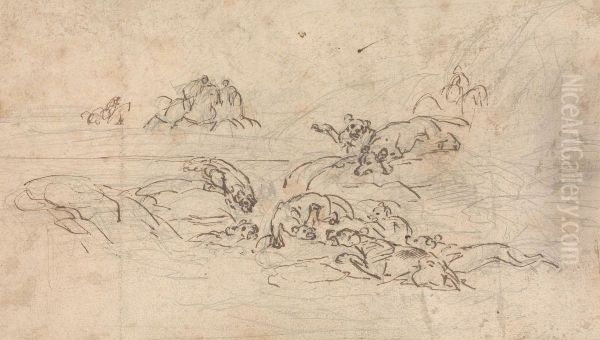 Hunters approaching a lion being held at bay by hounds - view 1