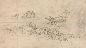 Hunters approaching a lion being held at bay by hounds