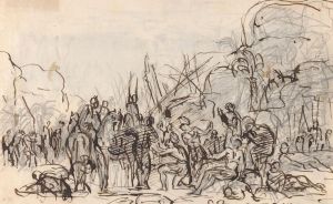Group Scene showing horses, figures and red Indians by Sawrey Gilpin