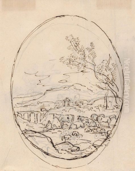 Cattle in a field with mountains and bridge in background - view 1