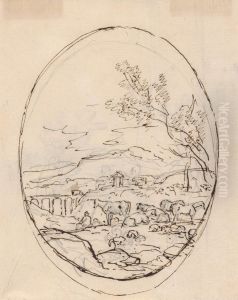 Cattle in a field with mountains and bridge in background by Sawrey Gilpin
