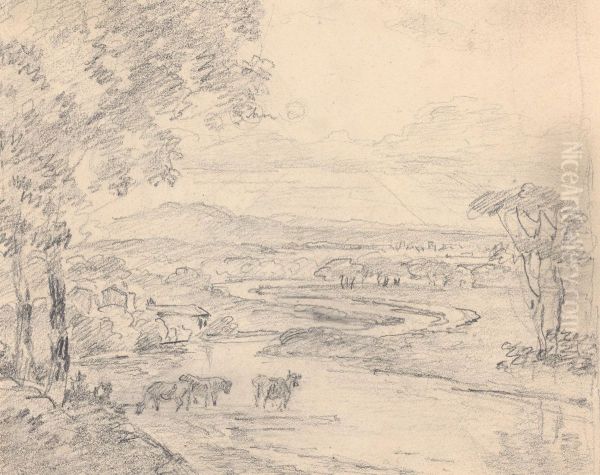 Country landscape with cattle crossing a stream - view 1