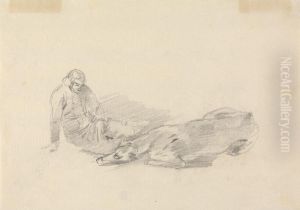 Study of a man reclining beside a horse lying down by Sawrey Gilpin