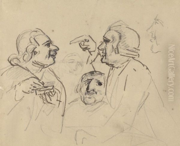 Study of men's heads; two in foreground arguing - view 1