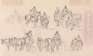 Studies of figures on horses, cattle at lower left by Sawrey Gilpin