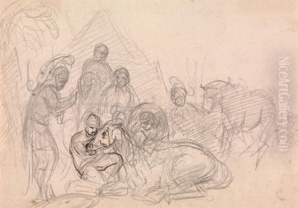 Armored men attending a fallen horse - view 1