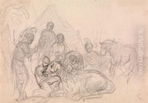 Armored men attending a fallen horse by Sawrey Gilpin