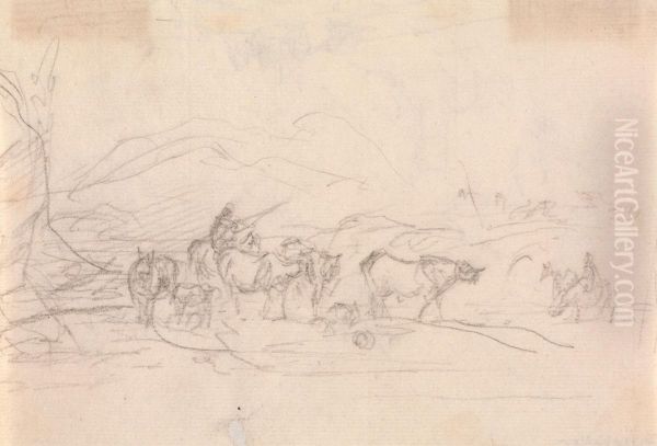 Study of cattle and figures in a landscape - view 1