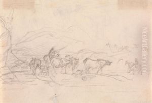 Study of cattle and figures in a landscape by Sawrey Gilpin