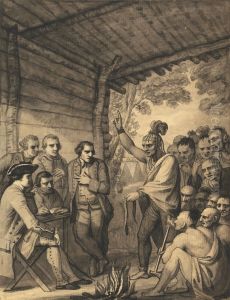 The Indians Giving a Talk to Colonel Bouquet in a conference at a Council Fire Near his Camp on the Banks of Muskingum in America, in October 1764, 1765 by Benjamin West