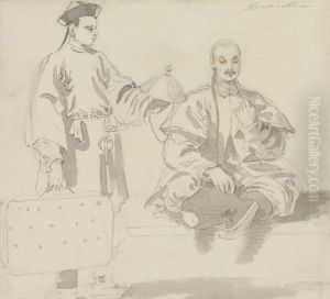 A Seller of Hats and a Man Sitting Cross-Legged, Smoking a Pipe