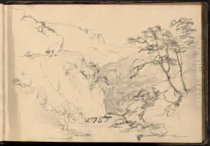 Mountainous Landscape Scene with One Figure on Horseback and One Figure Walking