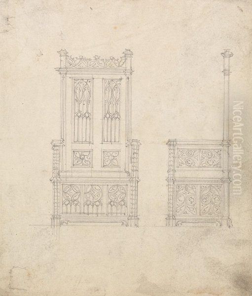 Design for a Gothic Chair, Front and Side Views - view 1