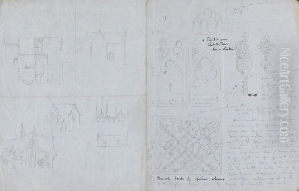 Sketches of Houses and a Floor Plan and Designs for the Speaker's Chair and Panels on the Cloister Door - view 1