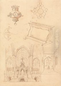 Designs for Gothic Ornamentation, a Kneeler, and Two Sketches of the Interiors of Gothic Churches by Augustus Pugin