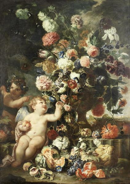 Roses, carnations, tulips and other flowers in a carved stone vase with putti on a stone ledge with split melons, grapes, peaches and other fruit - view 1