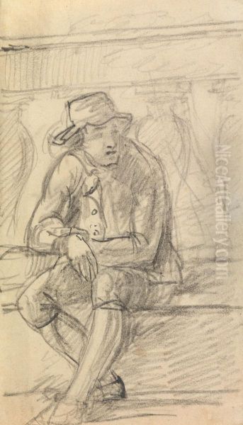 Figure Study of a Young Man, with a Hat, Sitting Outside - view 1