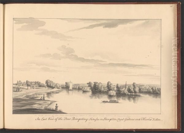 A volume of ten drawings of Hampton Court taken by the life - An East View of the Four Banqueting House in Hampton Court Gardens and Thames Ditton - view 1