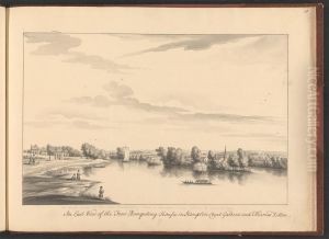 A volume of ten drawings of Hampton Court taken by the life - An East View of the Four Banqueting House in Hampton Court Gardens and Thames Ditton by Bernard Lens III
