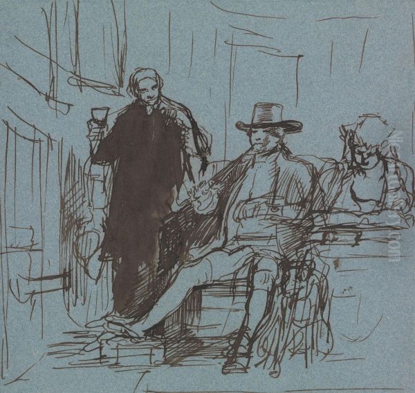 Captain Locker Seated at a Table with His Daughter; a Butler Standing Beside Him - view 1