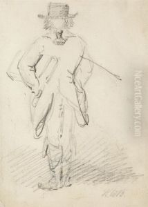Back View of a Man Standing with a Large Book or Case under his Left Arm and a Stick under his Right Arm