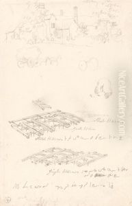 Studies of a Farmhouse, Covered Wagon, and Harrows