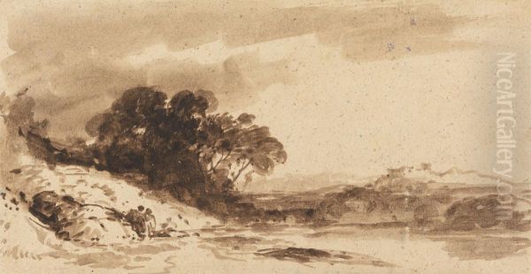 River Landscape with Two Figures, Lake and Distant Mountains - view 1