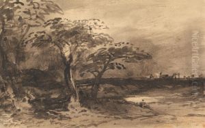 River, Trees and Distant Town by John Varley