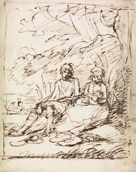 Man and Woman Holding Baby, Seated on Bank - view 1