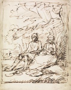 Man and Woman Holding Baby, Seated on Bank