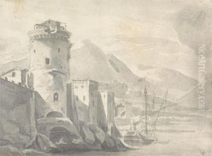 Fortified Buildings rising Steeply from a River Bank (in Italy ?) with Boat centre and distant Mountains by Thomas Wijck