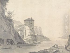 A Village in a Rocky Coastal Inlet (Italian ?) with Round Tower on the Left Bank by Thomas Wijck