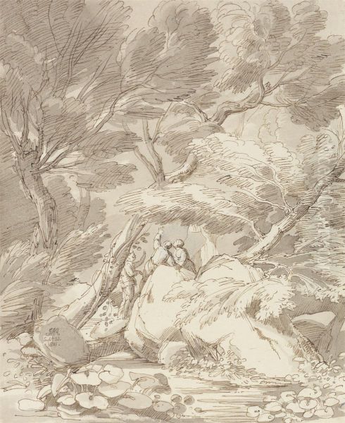 Figures on a Rocky River Bank at Canonteign, Devon - view 1